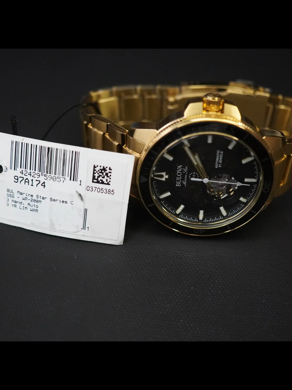 Bulova Marine Star Automatic Black Dial 200M Gold Tone Men's Watch 97A174